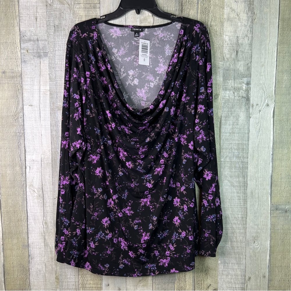 Torrid Size 4(4X)(26) Drape Cowl Neck Long Sleeve Black & Purple Floral Shirt